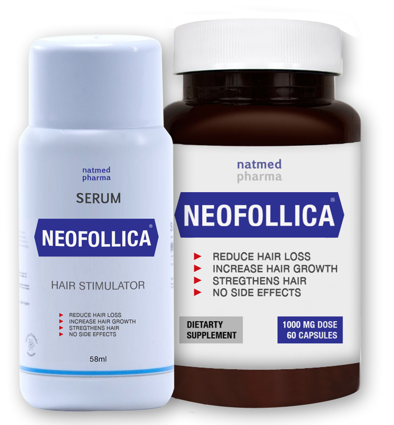 A serum for stimulation of hair growth and 60 tablets against hair loss Neofollica.